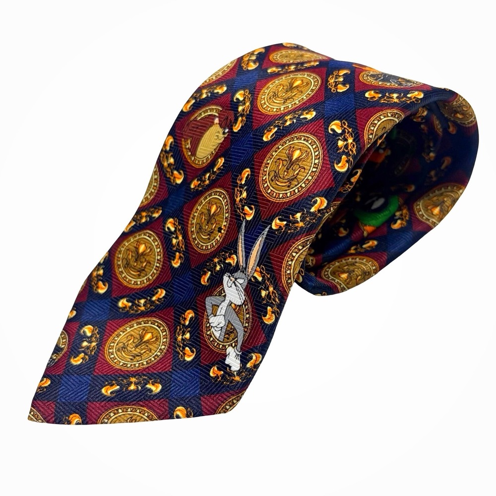 Vtg 1997 Looney Tunes Novelty Necktie Character Medallion Silk Fun Marvin Taz